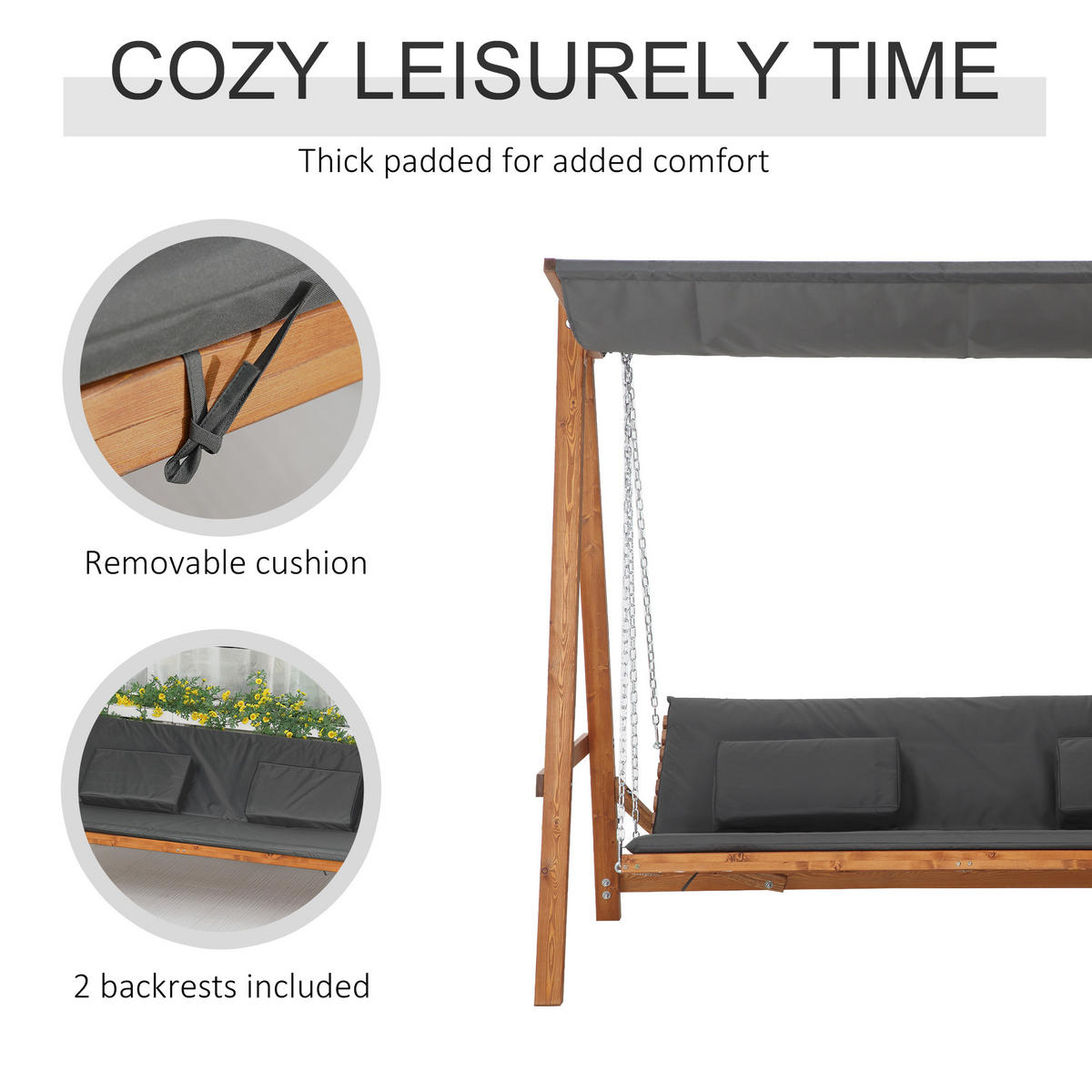 HOLLYWOODSKÁ HOUPAČKA, se stříškou, polyester, šedá, 225,5 x 113 x 180 cm - šedá, dřevo (113/180/225.5cm) - Outsunny
