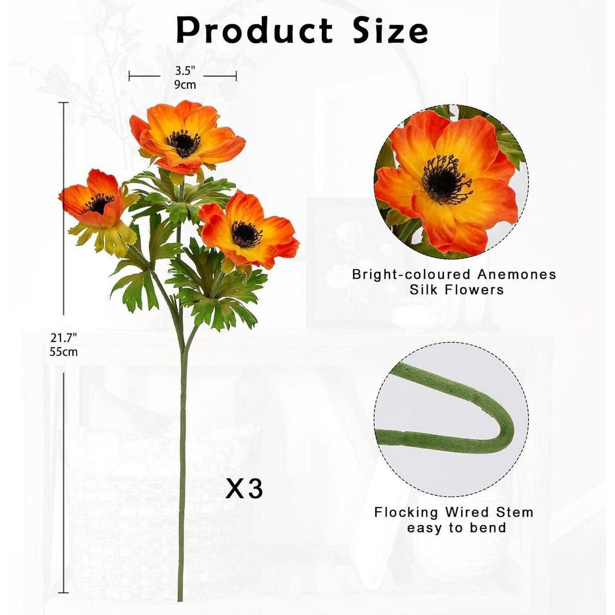 KUNSTBLUMEN 3er Set Anemonen Orange 55 cm - Orange, Kunststoff (55cm)