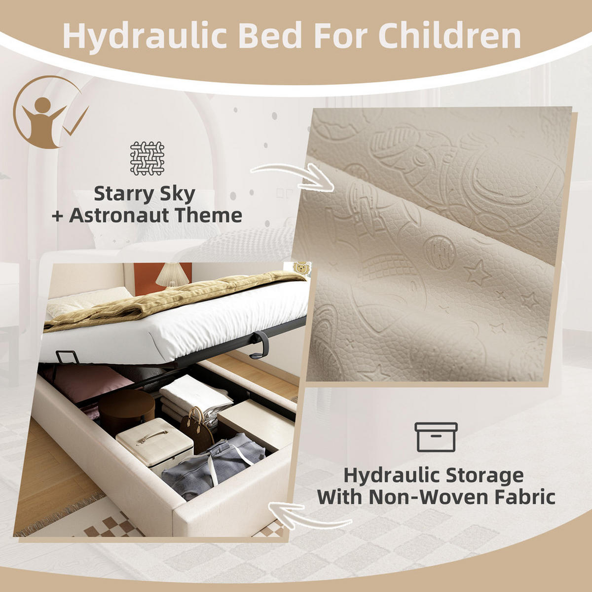 POLSTERBETT 90x200cm Einzelbett Kinderbett Kosmisches Muster PU Beige - Beige, Holz - FLIEKS