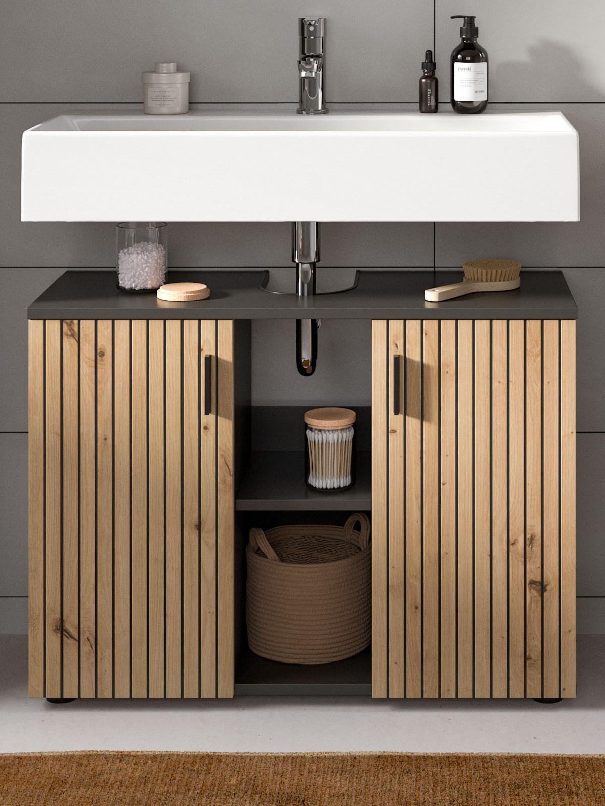 WASCHBECKENUNTERSCHRANK Eiche Artisan, grau 80 cm, Badezimmer Unterschrank mit Rillen-Optik - Schwarz/Eiche Artisan, Holzwerkstoff/Kunststoff (80/59/30cm) - Inn.Furn