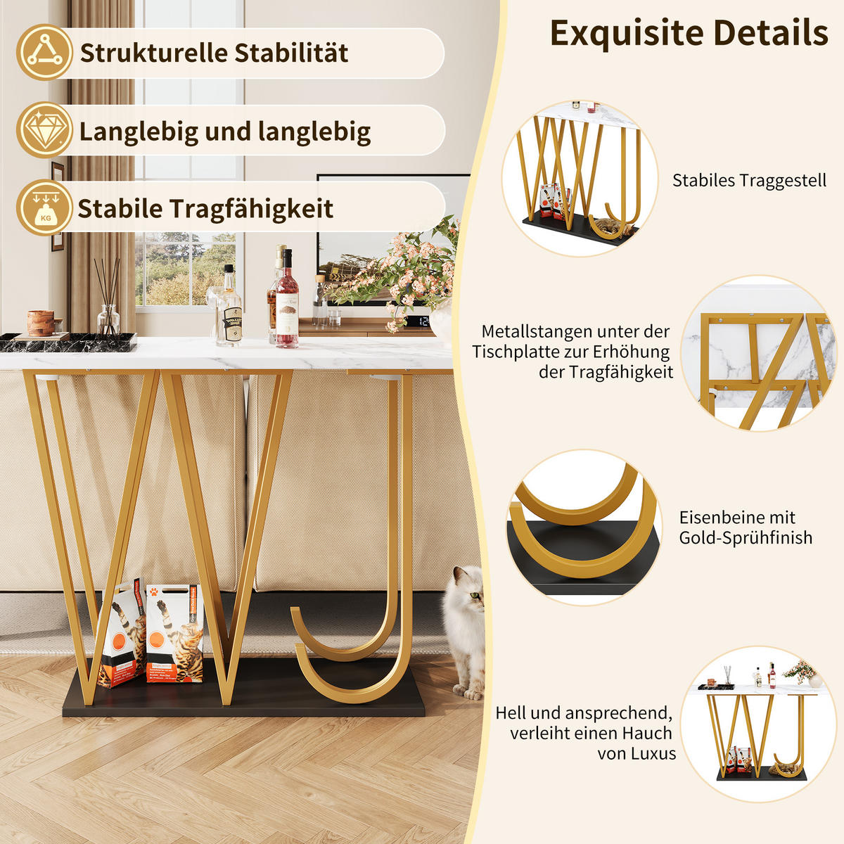 KONSOLENTISCH 120/29,5/80 cm Weiß Marmoroptik mit Stauraum aus MDF Metall - Weiß, Holzwerkstoff (120/29.5/80cm) - OKWISH