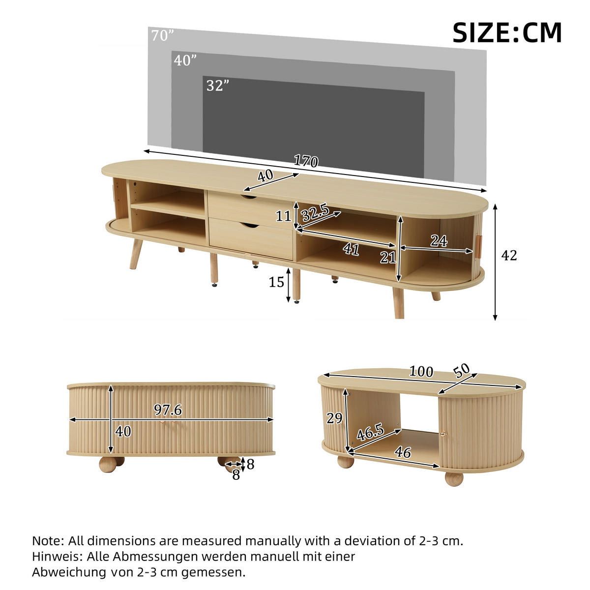 LOWBOARD DE-37735 und Couchtisch mit Stauraum Holzfarbe - Naturfarben, Holzwerkstoff (170/42/40cm) - ComfortXL