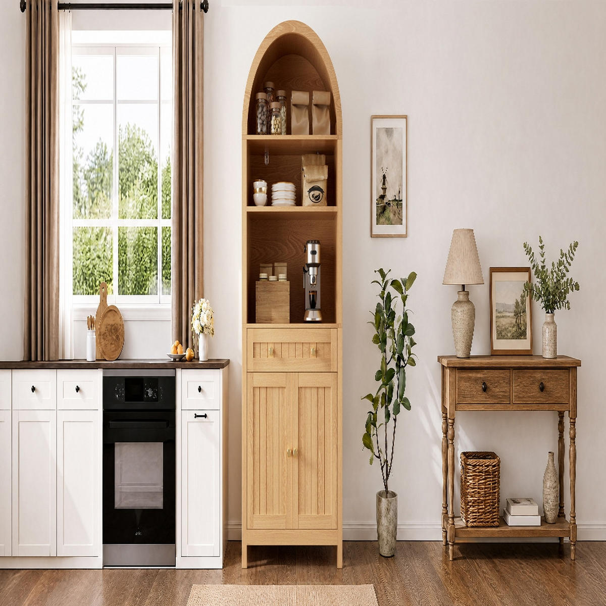 KÜCHENSCHRANK, Stehschrank mit Bogenfront und Doppeltüren, MDF Natur, für Küche und Wohnzimmer, 76/180/40 cm - Naturfarben, Kunststoff (40/180/76cm) - Rolipo