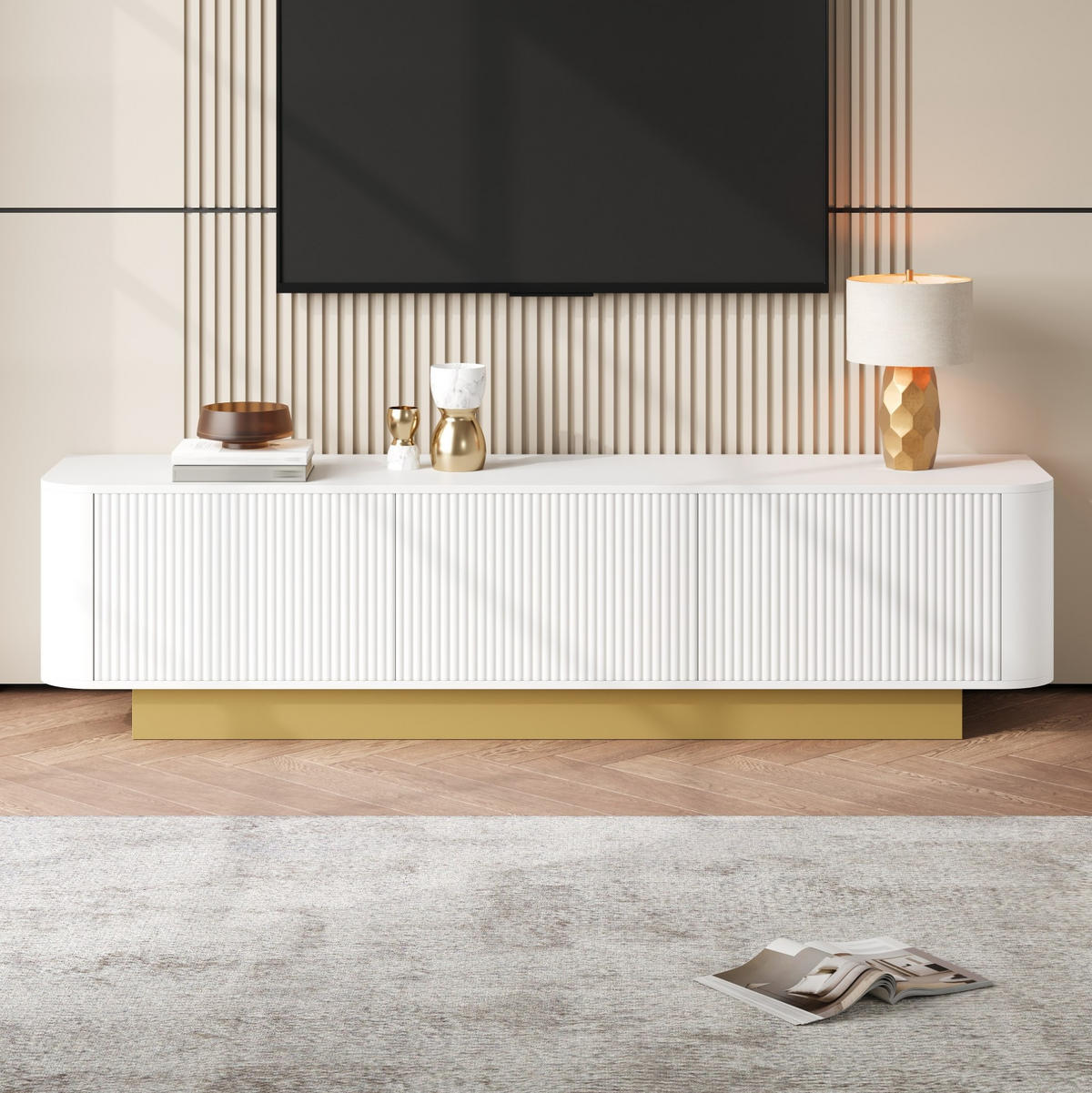 TV-LOWBOARD aus MDF und Holzwerkstoff 170x40,5x47 cm Weiß mit Kabelmanagement und Stauraum - Weiß, Holzwerkstoff (170/47/40.5cm) - Modfu