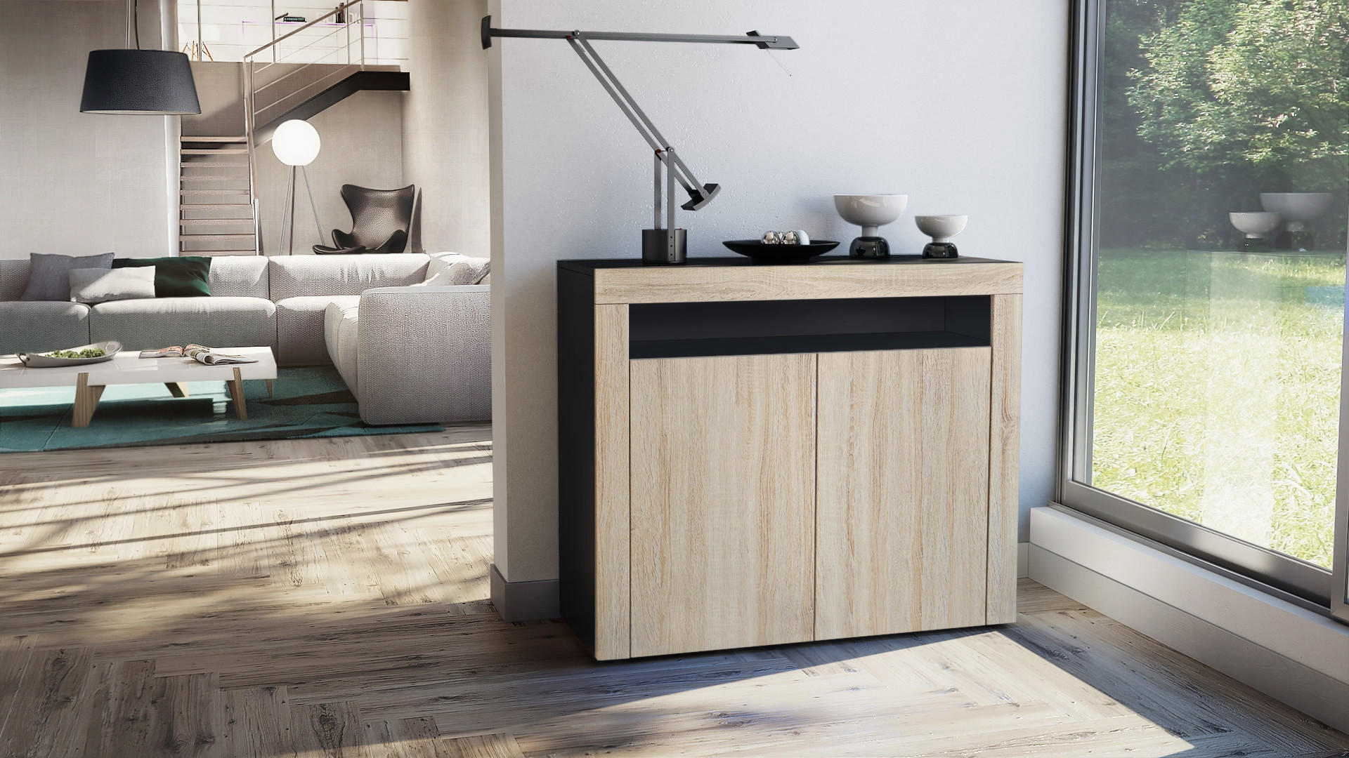 KOMMODE Valencia Eiche sägerau / Eiche sägerau - Eiche San Remo, Holzwerkstoff (108/92/40cm) - Vladon
