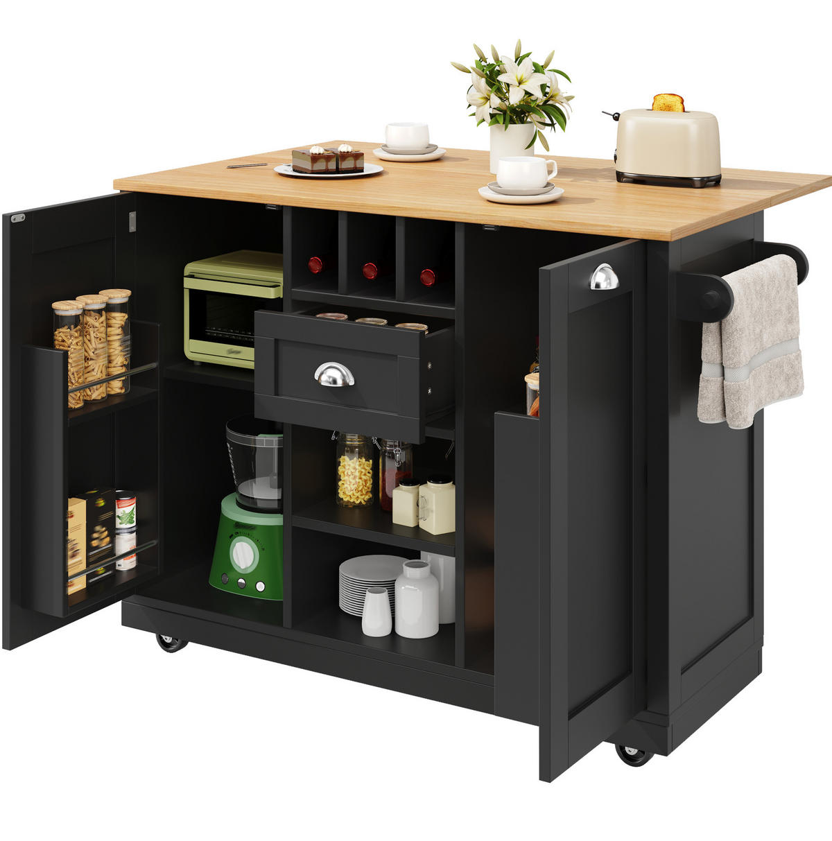 KÜCHENINSEL 140/93,5/40 cm Schwarz aus MDF und Metall mit klappbaren Seitenwänden - Schwarz, Holzwerkstoff (40/93.5/140cm) - OKMYHOME