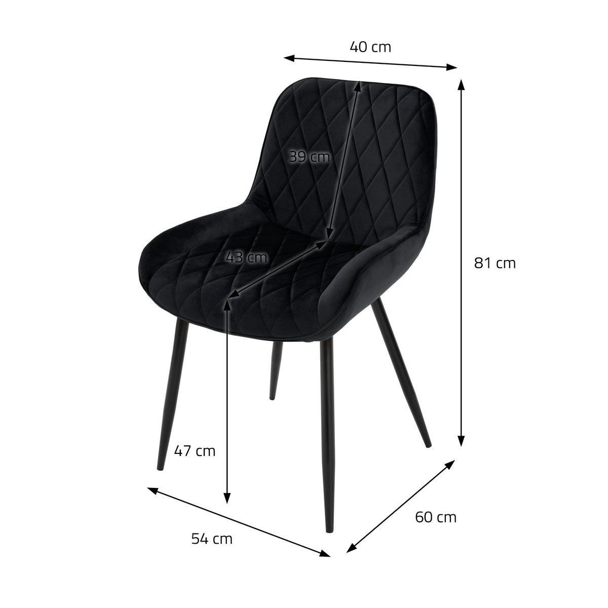 ESSZIMMERSTUHL Samt Schwarz 6er Set - Schwarz, Metall (54/81/60cm)