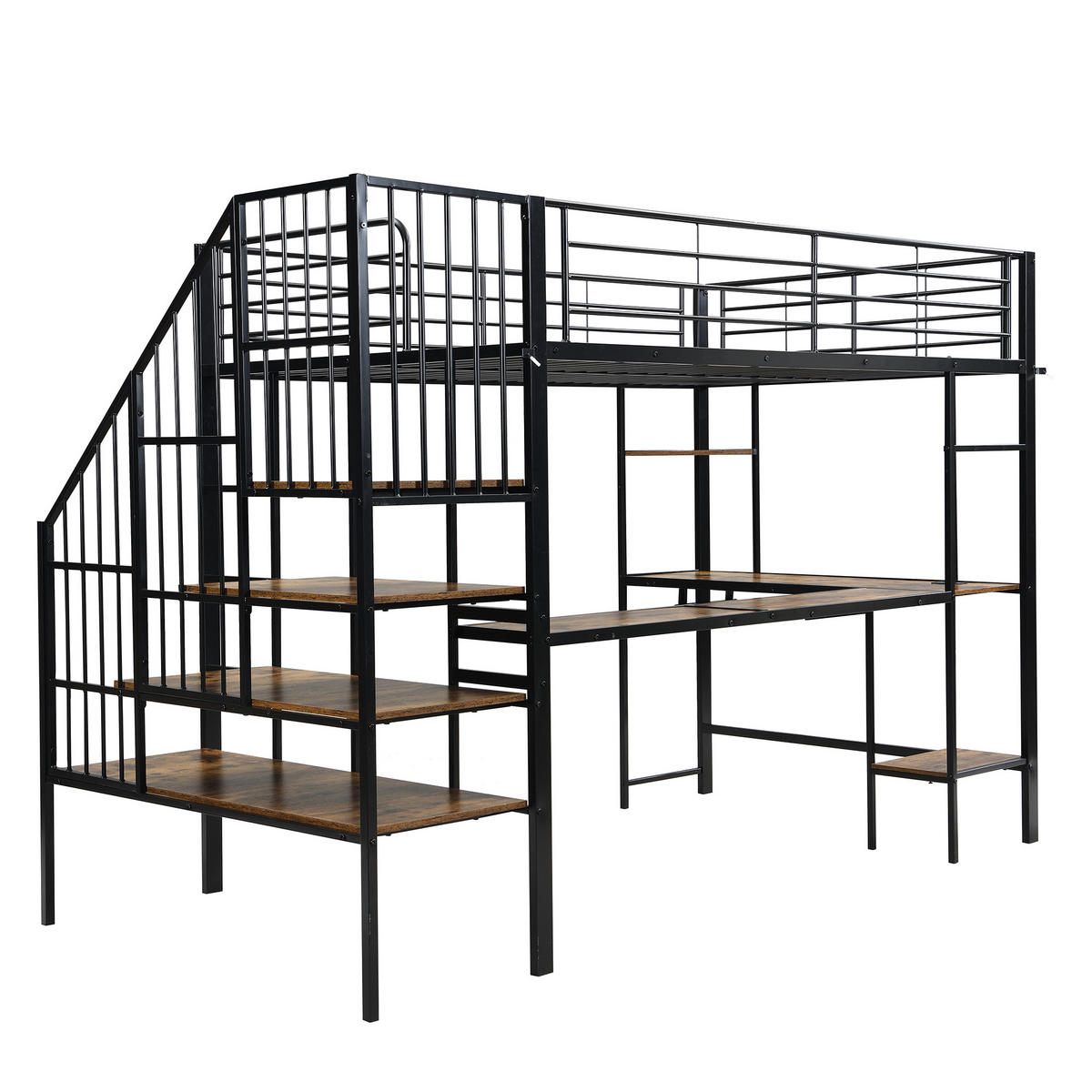 HOCHBETT mit Ecktreppe und Schreibtisch 120x200 cm Metall/Holz Schwarz/Dunkelwalnuss - Schwarz, Metall (120/200cm) - Meubliv