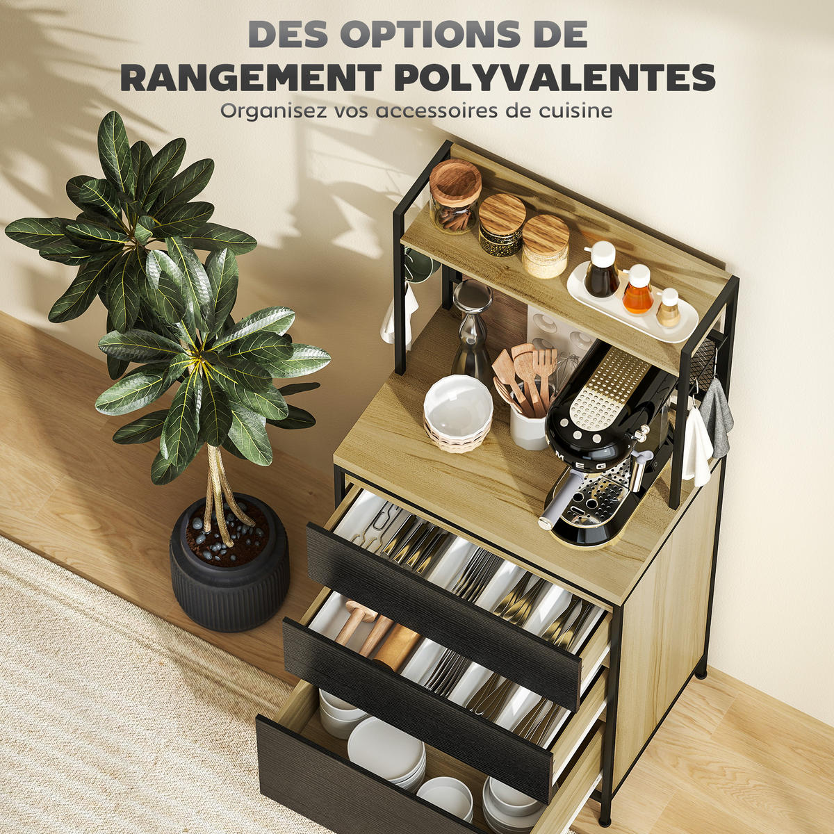 HIGHBOARD DE-11156 Industrie-Design, 3 Schubladen Naturholz/Schwarz - Naturfarben, Holzwerkstoff (40/132/60cm) - ComfortXL