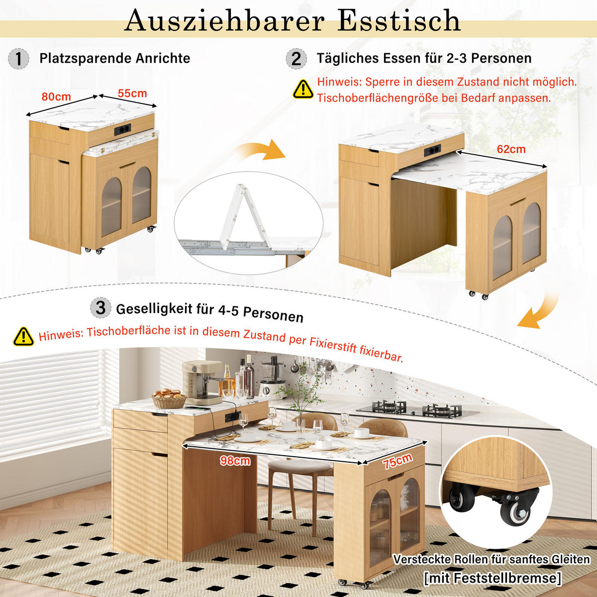 KÜCHENINSEL ausziehbar 55-153/80/93 cm DE-39577 Natur - Naturfarben, Holzwerkstoff (80/93/56.2cm) - ComfortXL
