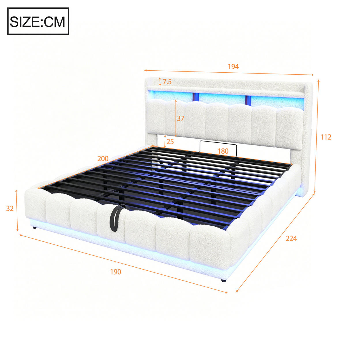 POLSTERBETT 180/200 cm in Weiß mit Bettkasten, LED, USB und Steckdose aus Boucle - Weiß, Textil/Metall (180/200cm) - STILVORA