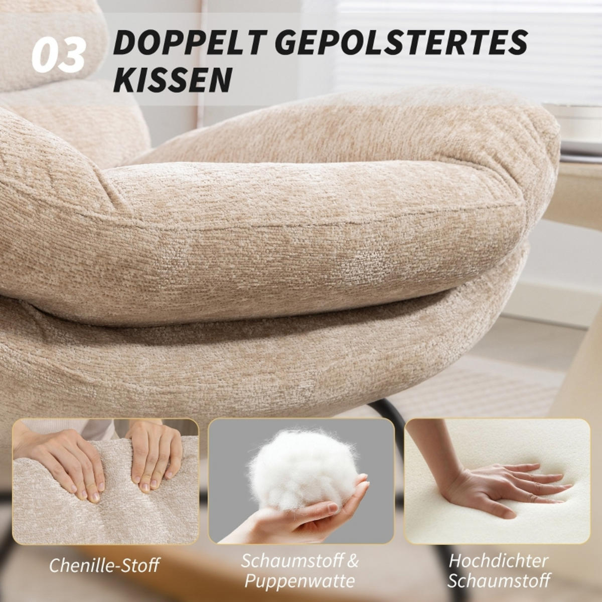 SCHAUKELSTUHL Cremeweiß mit Stahlbeinen und Holzkufen - Creme, Textil (80/91/103cm) - Oxeza