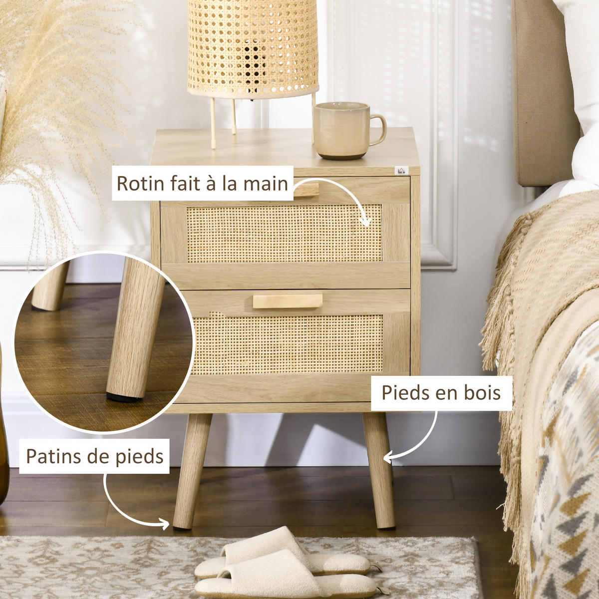 NACHTSCHRANK 2er-Set DE-12815 2 Schubladen mit Rattan Naturholz - Naturfarben, Holzwerkstoff (40/56/40cm) - ComfortXL