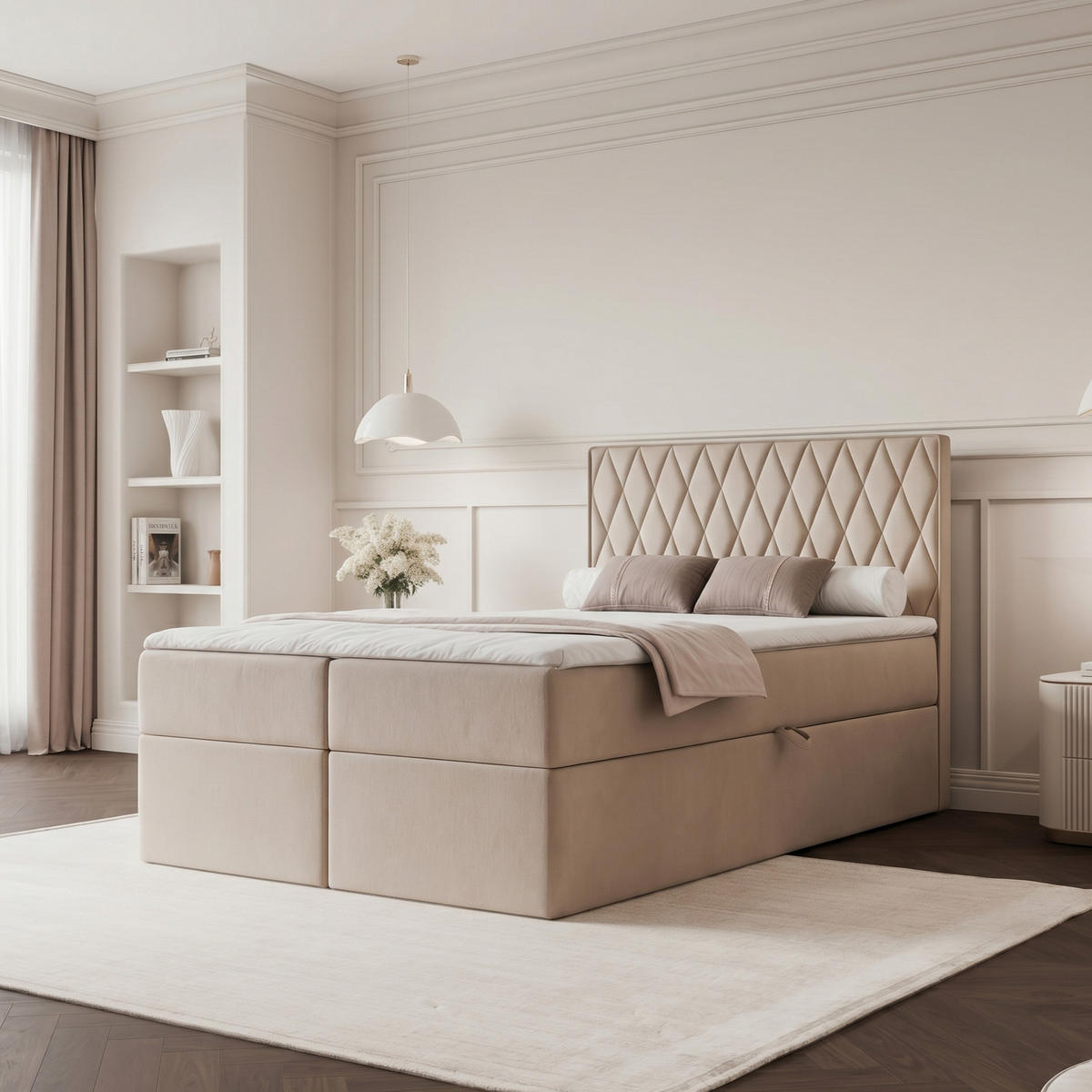 BOXBETT PONTI 120x200 cm Beige (Samt) - mit 2 Bettkästen, Bonellmatratze und vertikaler Rautensteppung - Beige, Holzwerkstoff/Textil (120/200cm) - Ravio