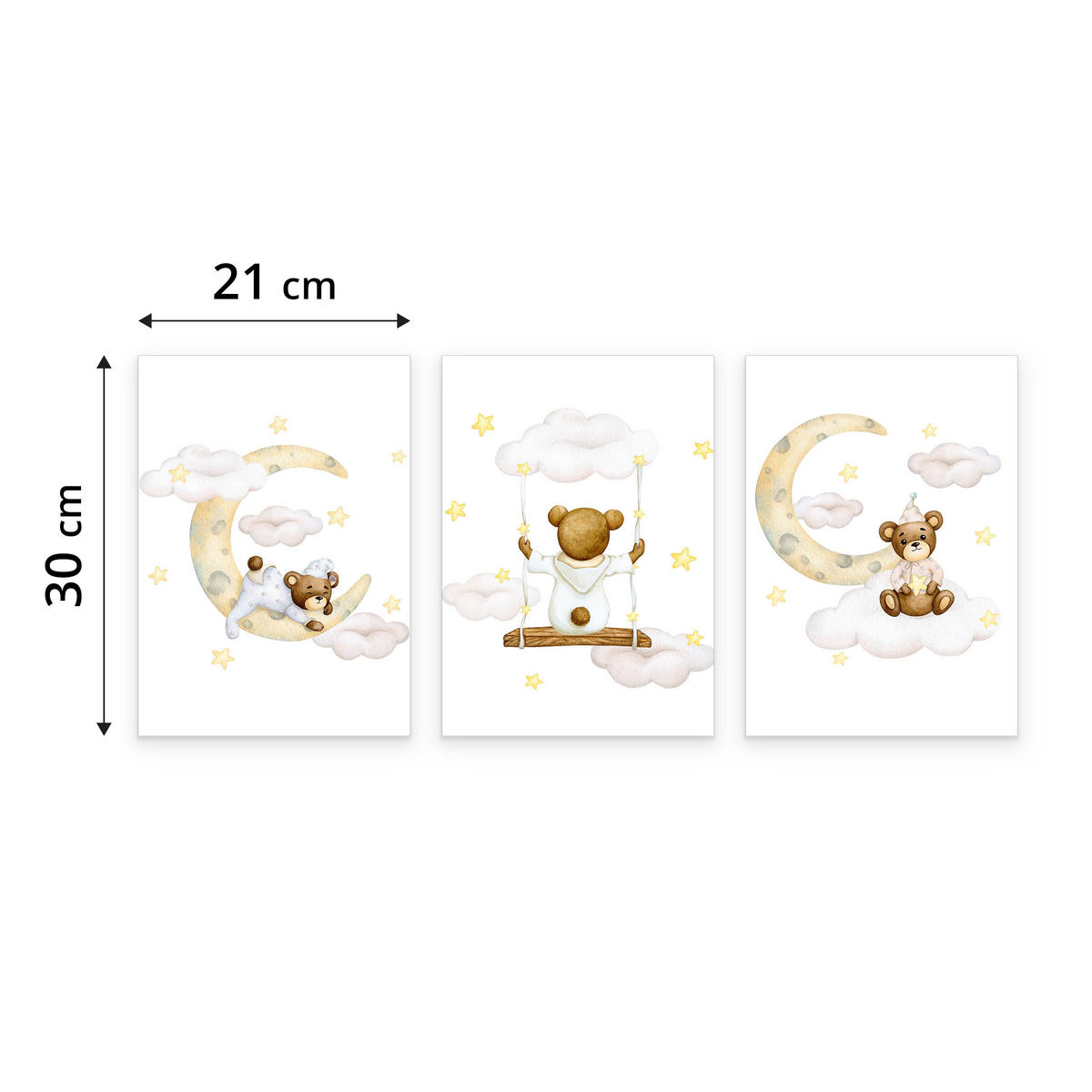 SADA PLAGÁTOV Do Detskej Izby Mackovia Mesiace Oblaky Hviezdy 3x Plagát A4 21 x 30 cm - hnedá/žltá, papier (21/30/1cm) - Muralo