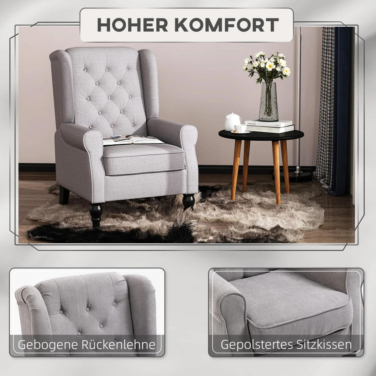 OHRENSESSEL 74/86/102 cm mit hoher Rückenlehne und Knopfheftung - Grau, Textil (86/102/74cm) - BEAOK