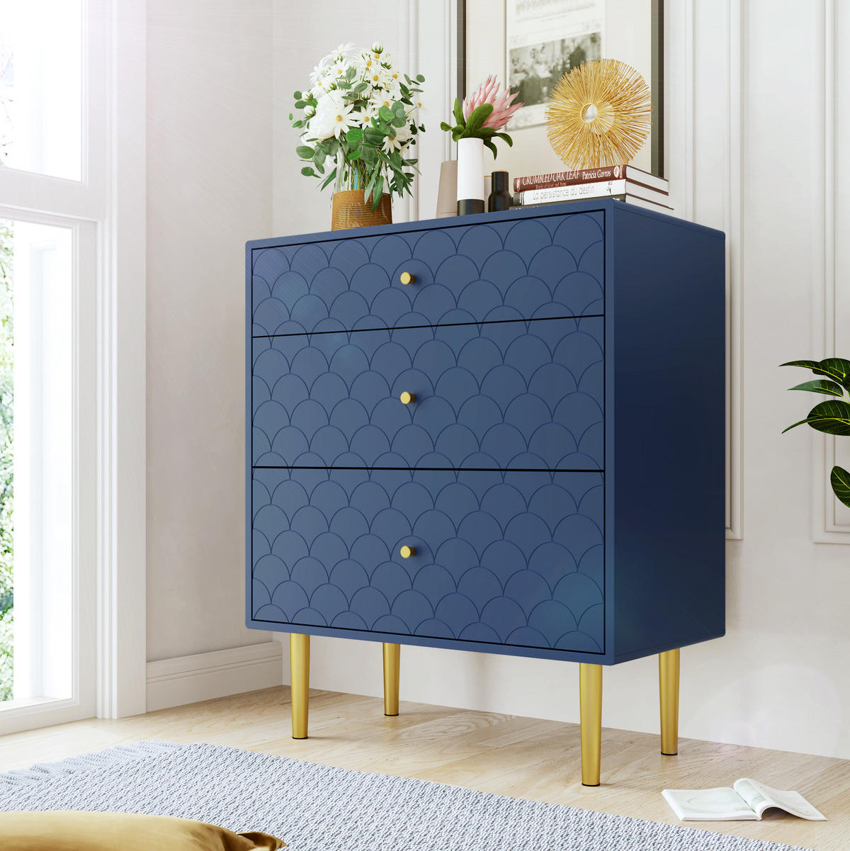 KOMMODE aus Holz und Metall 75x40x89 cm Marineblau mit 3 Schubladen und Fischschuppenmuster - Dunkelblau, Holzwerkstoff (75/89/40cm) - Modfu