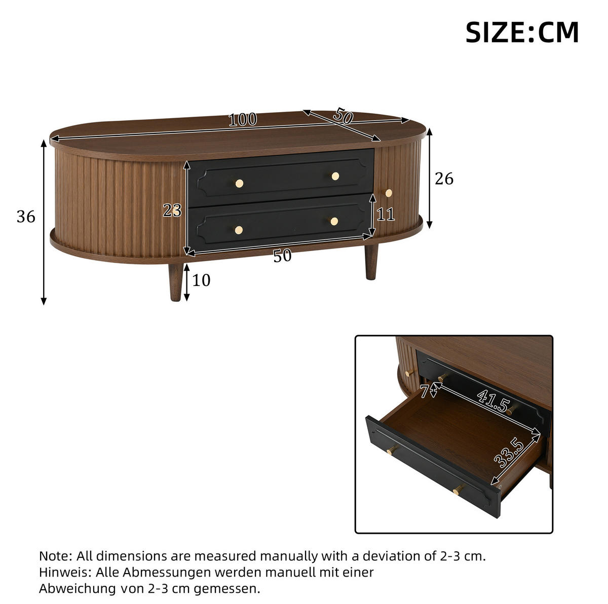 COUCHTISCH 100/50/36 cm Walnussholz Schwarz aus Holzwerkstoff mit 2 Rolltüren und 2 Schubladen - Walnussfarben, Holzwerkstoff (100/50/36cm) - OKWISH