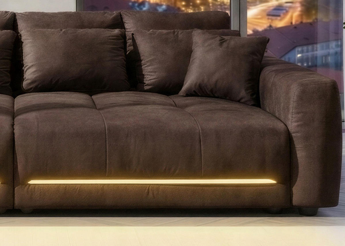 BIG-SOFA Federkern B294/T136/H86 cm, RGB-LED-Beleuchtung mit Fernbedienung, Mikrofaserstoff in Braun / 15417 - Schwarz/Braun, Kunststoff/Textil (294/86/136cm) - luma-home