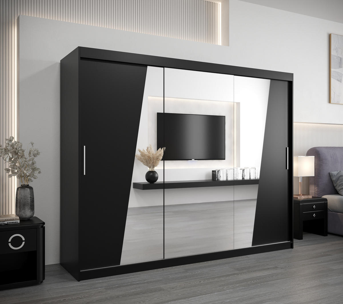 SCHWEBETÜRENSCHRANK 200/250/62 3-türig - Silberfarben/Schwarz, Holz/Kunststoff (250/200/62cm) - Abiks Möbel