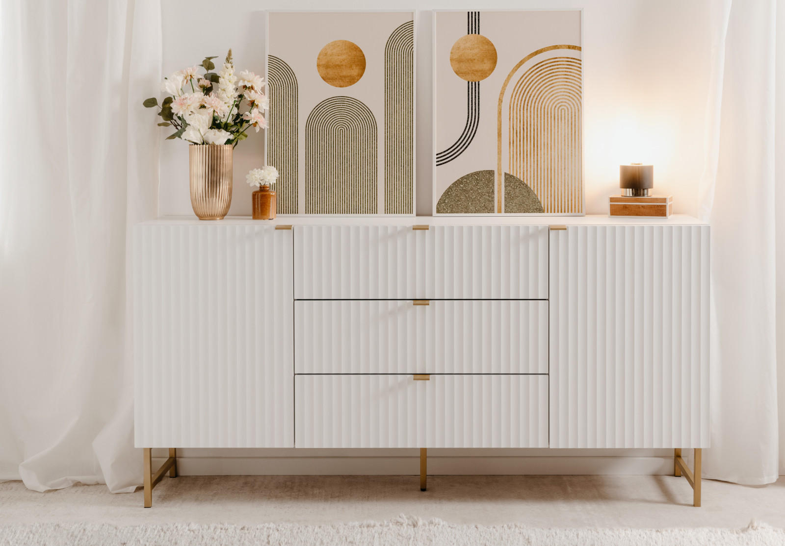 SIDEBOARD weiß, Gold 179 cm, Kommode mit Soft-Close und 3D-Struktur - Goldfarben/Weiß, Holzwerkstoff/Metall (179/90/41cm) - Furn.Design
