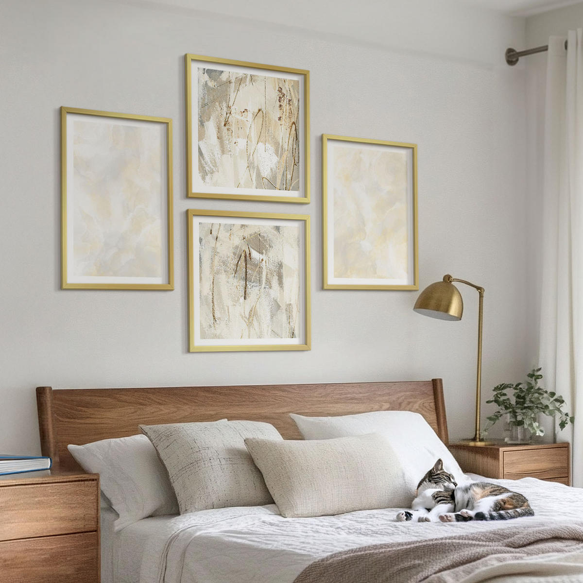 BILDER SET 4er Set - 50x50 cm & 40x60 cm Goldrahmen - Helles Strukturfarbendesign - Goldfarben, Kunststoff (50/50cm) - TULUP