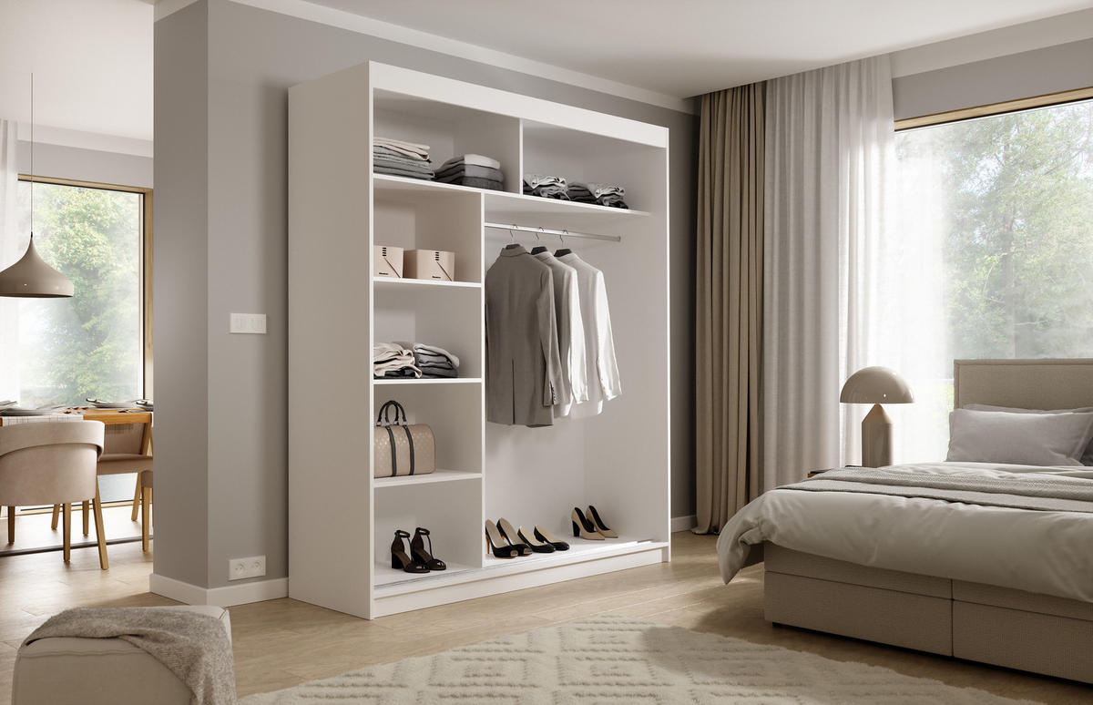 SCHWEBETÜRENSCHRANK VIVA 180/215,5/59cm 2-türig mit Spiegel Weiß - Weiß, Holzwerkstoff (180/215.5/59cm) - MASSENO