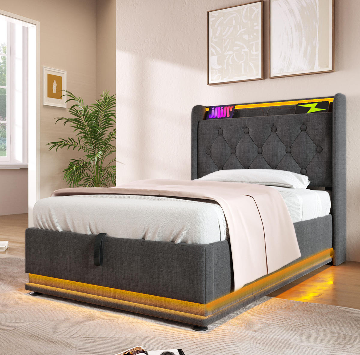 BETT mit LED und Stauraum 90x200 cm Leinen Grau - Grau, Metall (90/200cm) - Meubliv