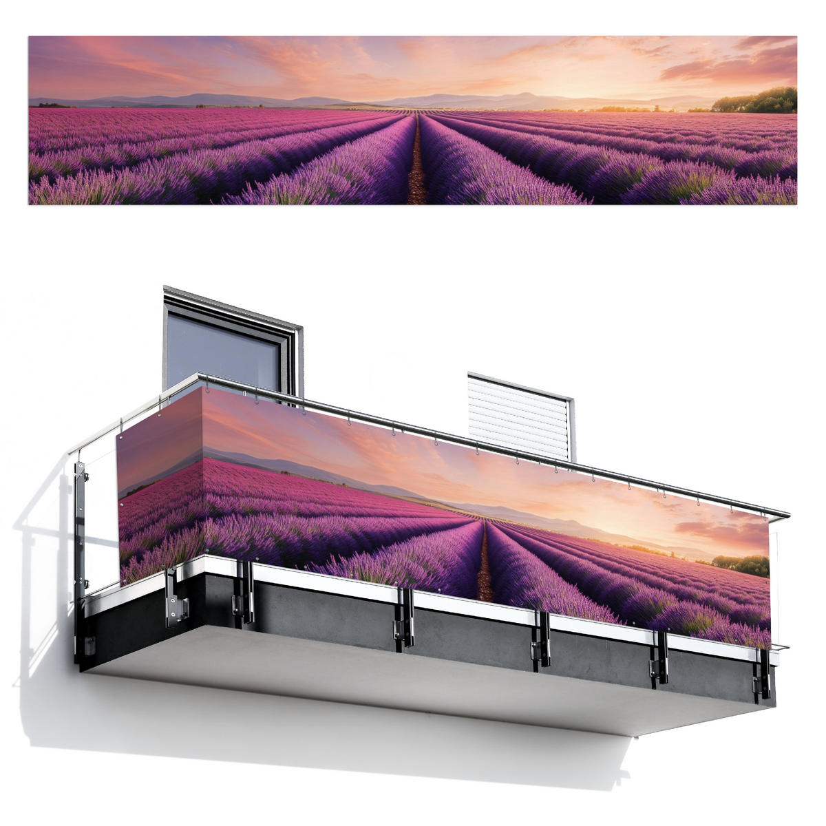 BALKON-SICHTSCHUTZ Lavendelfeld - Sonnenuntergang - Lila - Blumen - Violett, Kunststoff (500/110cm) - MuchoWow