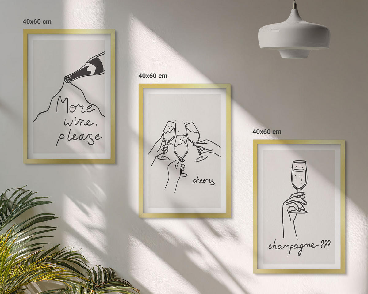 BILDER SET 3er Set - 40x60 cm Goldrahmen - Champagner-Wein-Linienzeichnung - Goldfarben, Kunststoff (40/60cm) - TULUP