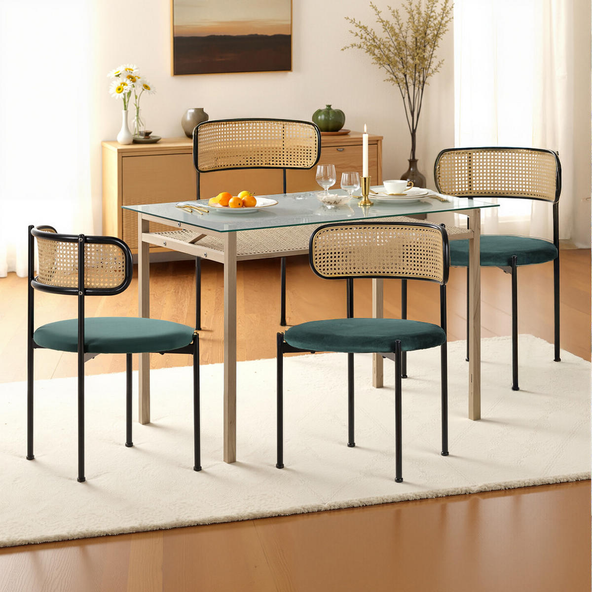 ESSTISCH SET mit Esstisch aus Glas und 4 Rattan stühle - Grün, Glas/Textil (110/74/65cm) - Urban Meuble