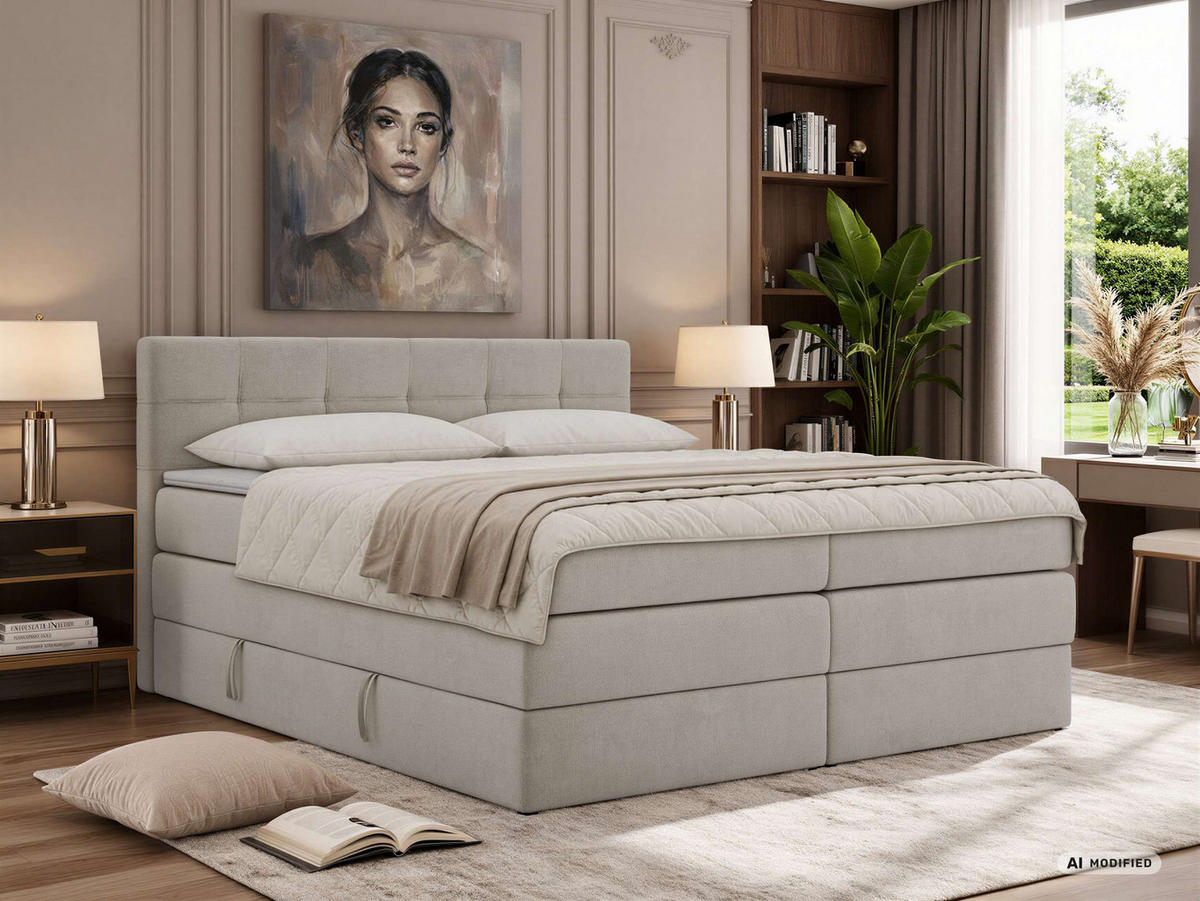 BOXSPRINGBETT SOLVEN KING 160/200 - Hellgrau Jersey - Topper Visco - H3 - Hellgrau/Schwarz, Kunststoff/Textil (160/200cm) - MKS
