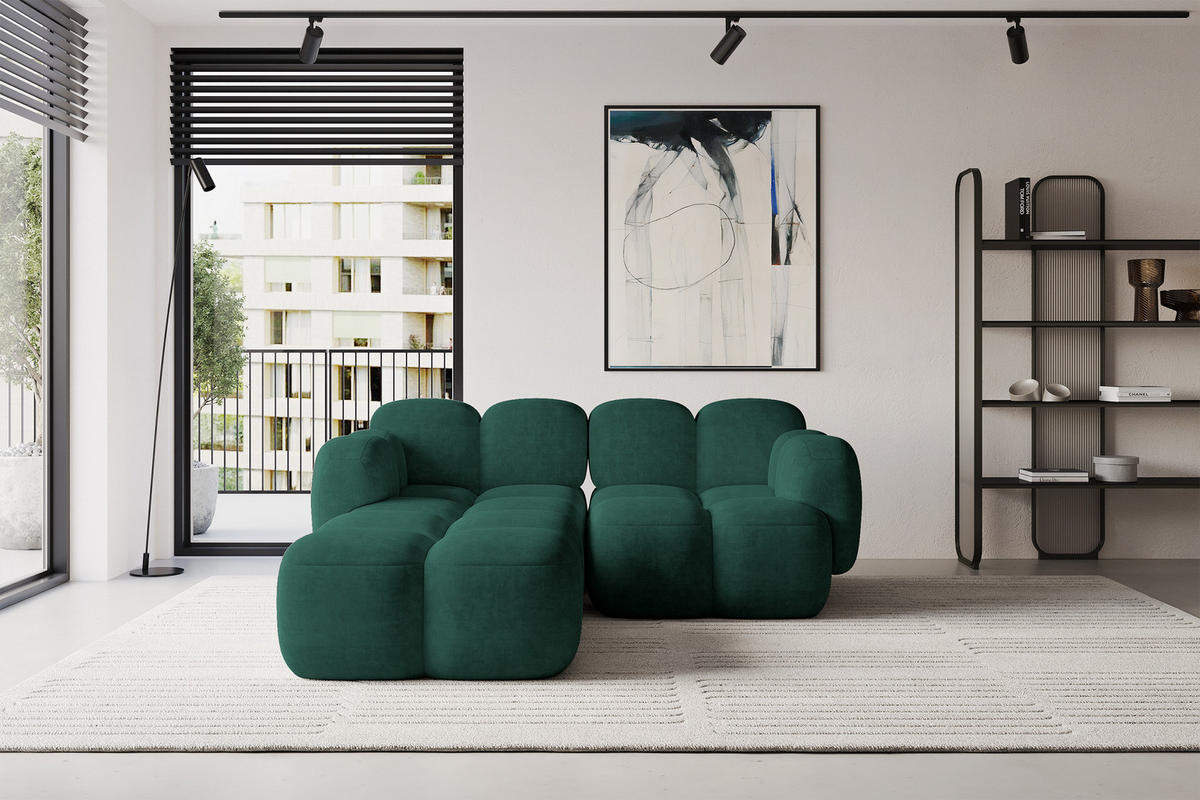 ECKSOFA modulares Sofa Links Miko-L1 214x205x75 Grün Velours - Schwarz/Grün, Holzwerkstoff/Kunststoff (214/205cm) - ALTDECOR