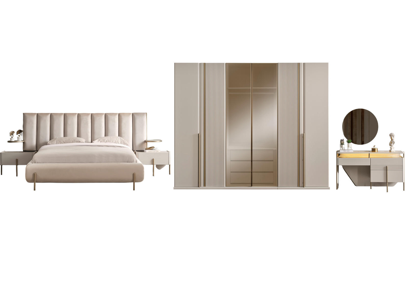BETTANLAGE VEGA Schlafzimmer-Set, 5-teilig, Beige, Bett mit Kopfteil, 2 Nachttische, Kleiderschrank und Kommode - Beige, Holzwerkstoff (160/200cm)
