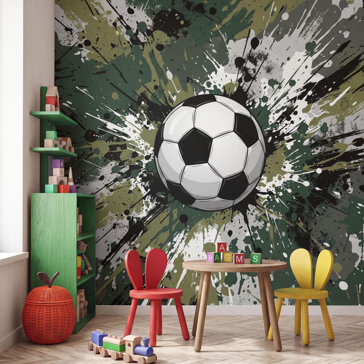 KINDERTAPETE - Fußball - Farbe - Spritzer - Grün - 200x200 cm - Dunkelgrün, Papier (200/200cm) - OnlyWow