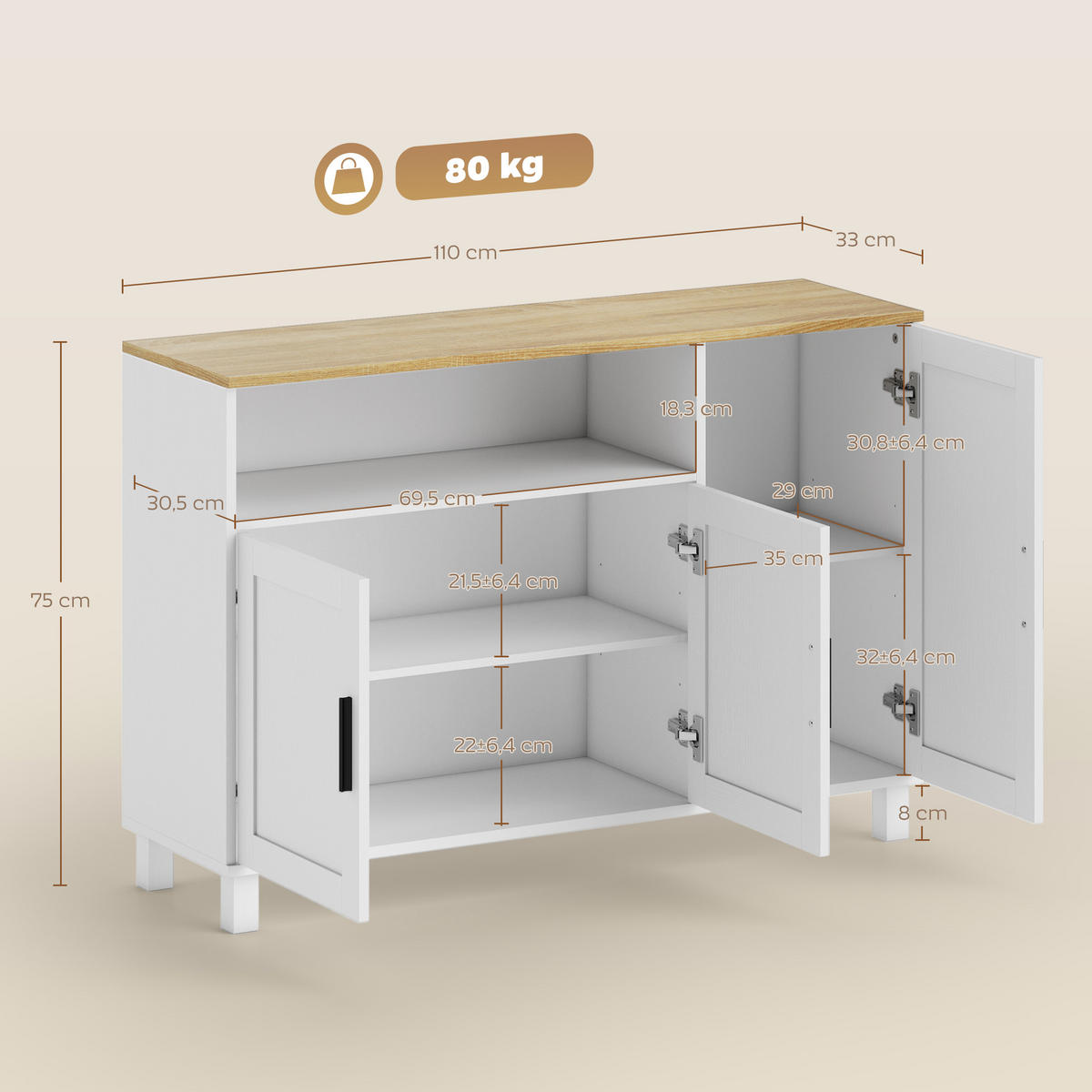 SIDEBOARD Weiß, 3 Türen, 110/33/75 cm - Weiß, Holz (110/75/33cm) - PANGIVO
