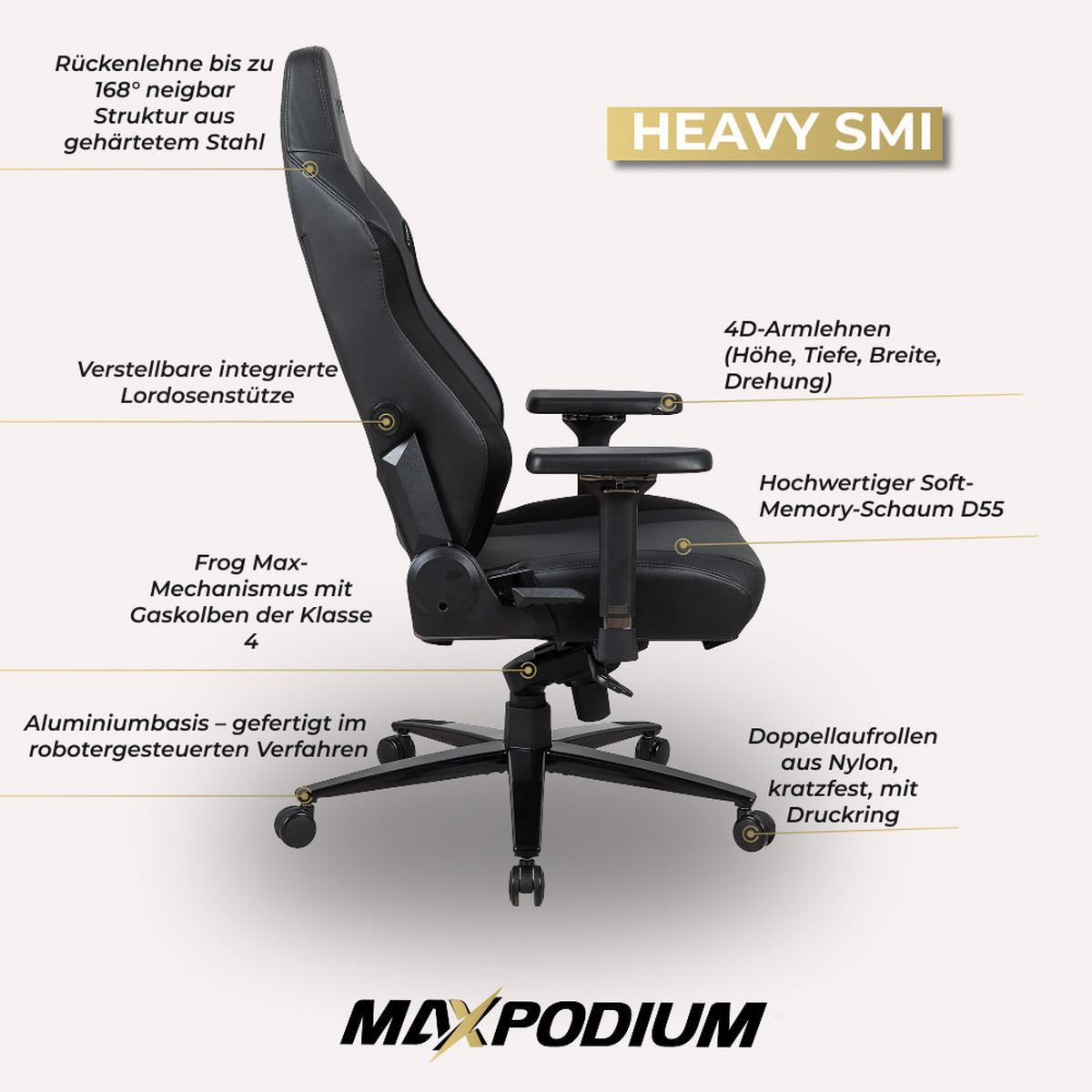 GAMING-BÜROSTUHL Heavy SMI Schwarz - Schwarz, Metall (55/137/49cm) - MaxPodium