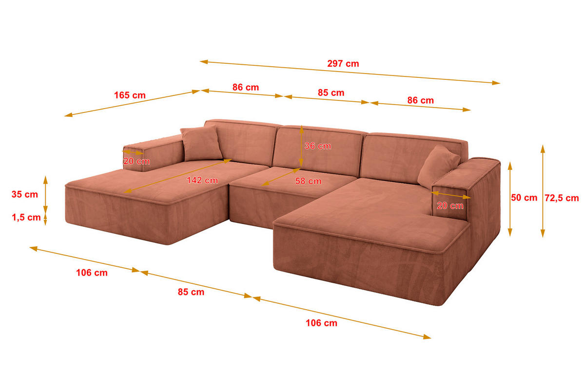 WOHNLANDSCHAFT IREA-U1-v4 - 297x165x72,5 cm Apricot - Koralle, Holzwerkstoff/Textil (297/72/165cm) - ALTDECOR