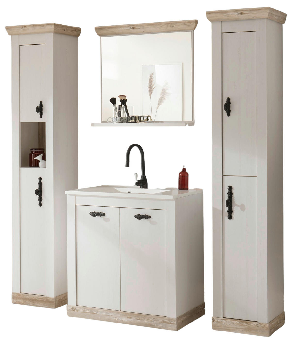 BADKOMBINATION Pinie weiß, Oslo Pinie, Landhaus Badmöbel Set 5-tlg. MIT Waschbecken 205 x 200 cm - Anthrazit/Weiß, Holzwerkstoff/Metall (205/200/46cm) - Furn.Design