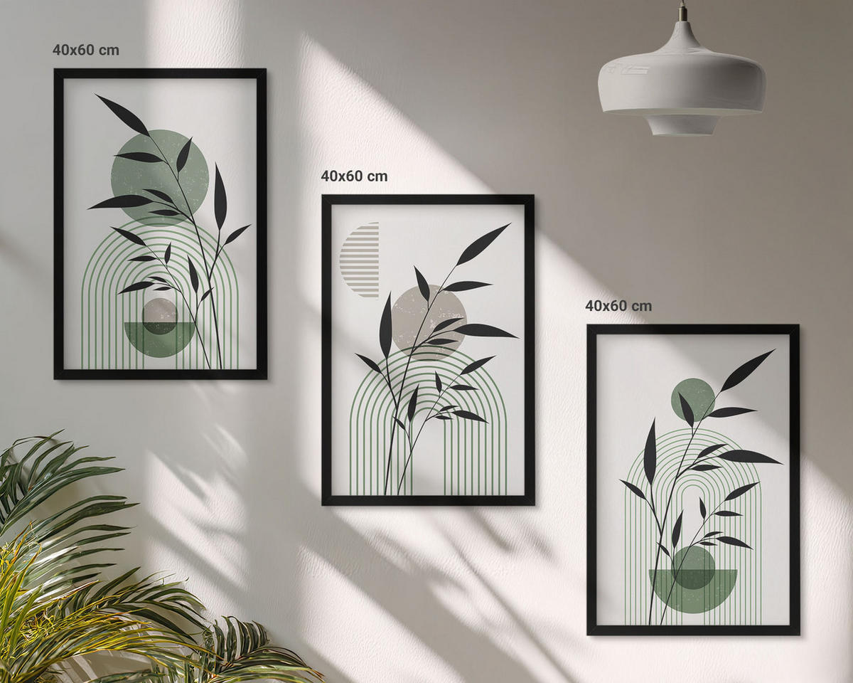 BILDER SET 3er Set - 40x60 cm Schwarzer Rahmen - Boho-Pflanzenkompositionen - Schwarz, Kunststoff (40/60cm) - TULUP