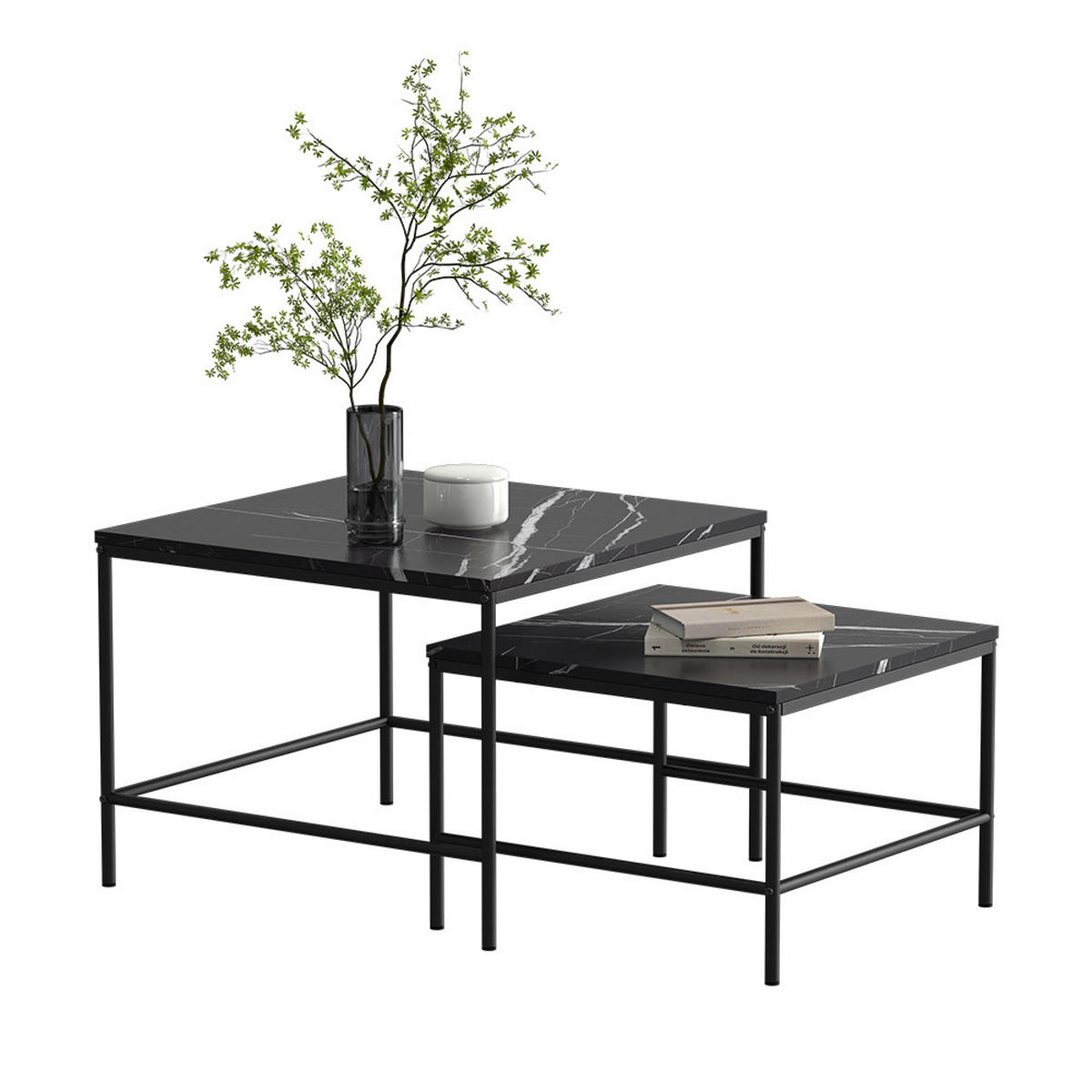 COUCHTISCH-SET Ramio Schwarzer Marmor 60 x 60 cm 2 Teile - Schwarz Hochglanz/Schwarz, Holzwerkstoff (60/60/45cm) - Vicco