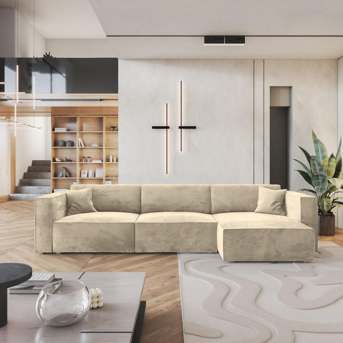 ECKSOFA TOLMO M Creme Velours-Stoff mit Schlaffunktion - Creme/Grau, Holz/Kunststoff (347/148cm) - MASSENO