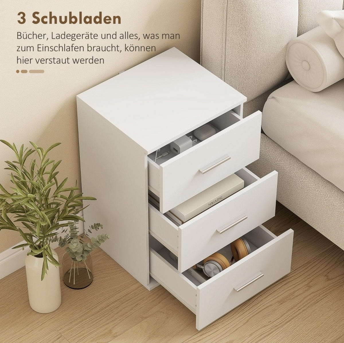 NACHTTISCH aus MDF 40x35x60 cm Weiß mit 3 Schubladen und melaminbeschichteter Oberfläche - Weiß, Holzwerkstoff (40/60/35cm) - Modfu