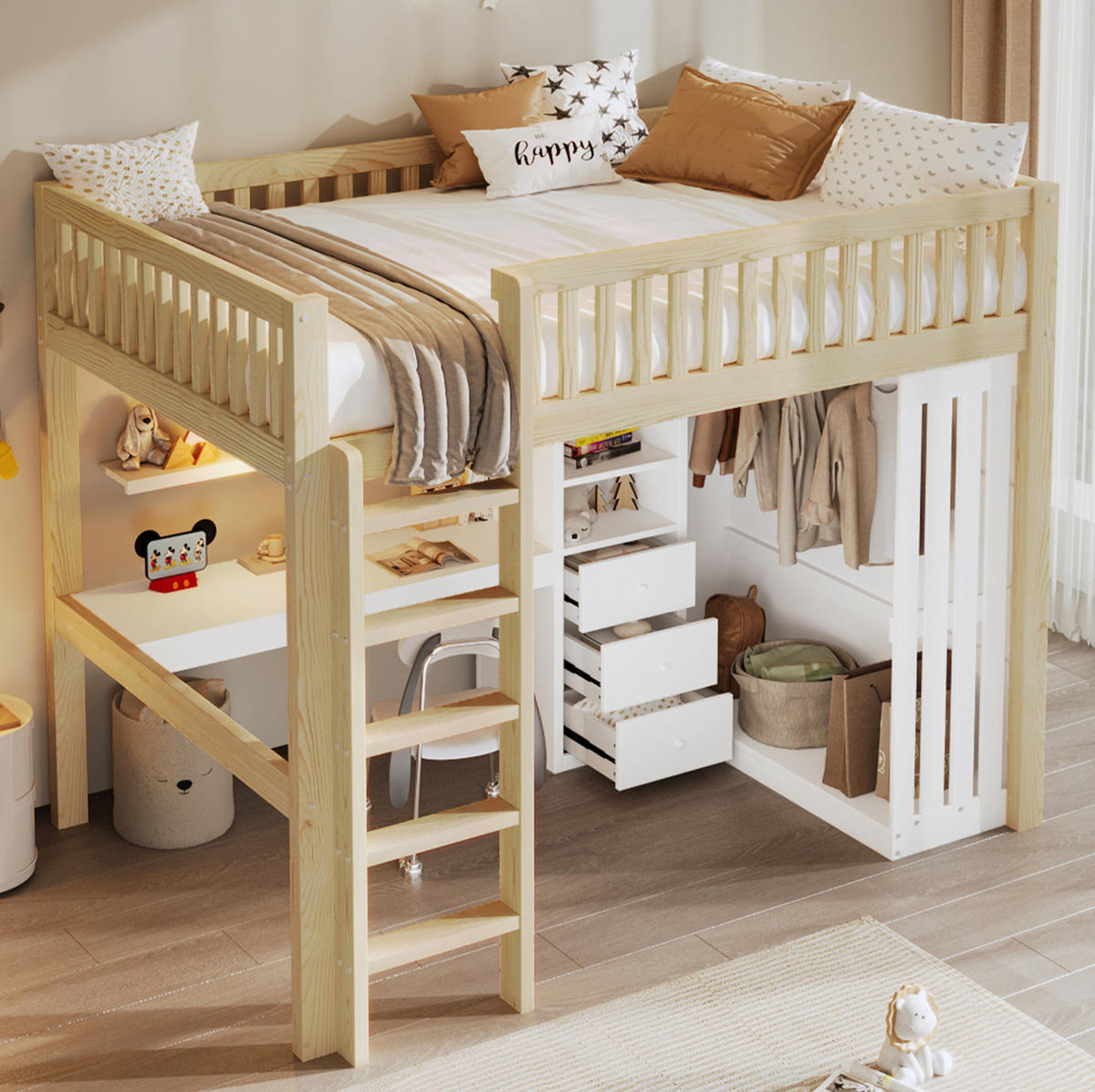HOCHBETT 140/200 cm aus Kiefer und MDF mit Schreibtisch, Kleiderschrank und Treppe Natur - Naturfarben, Holz (140/200cm) - Modenvie