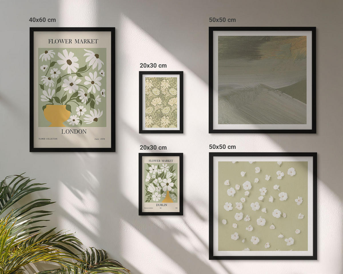 WANDBILDER 5er-Set - 50x50 cm & 20x30 cm & 40x60 cm Schwarzer Rahmen - Florale Abstraktionen im Boho-Stil - Schwarz, Kunststoff (40/60cm) - ArtPrintCave
