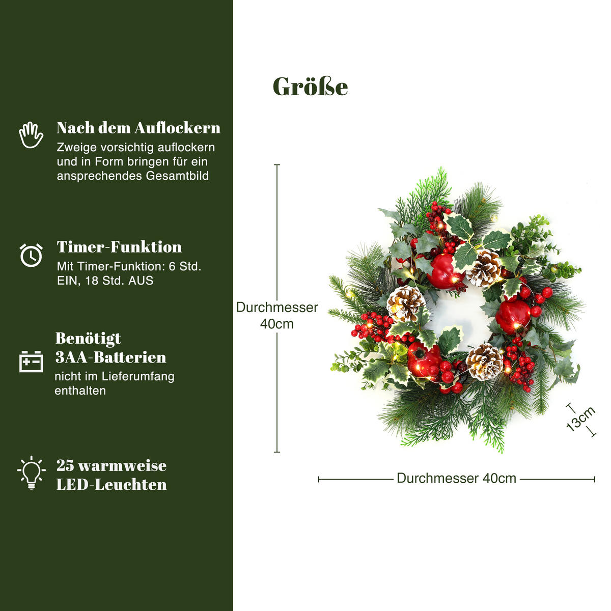 40CM Künstlicher Weihnachtskranz mit LED Beleuchtung & Timer - Grün, Kunststoff (44cm) - Hometopia