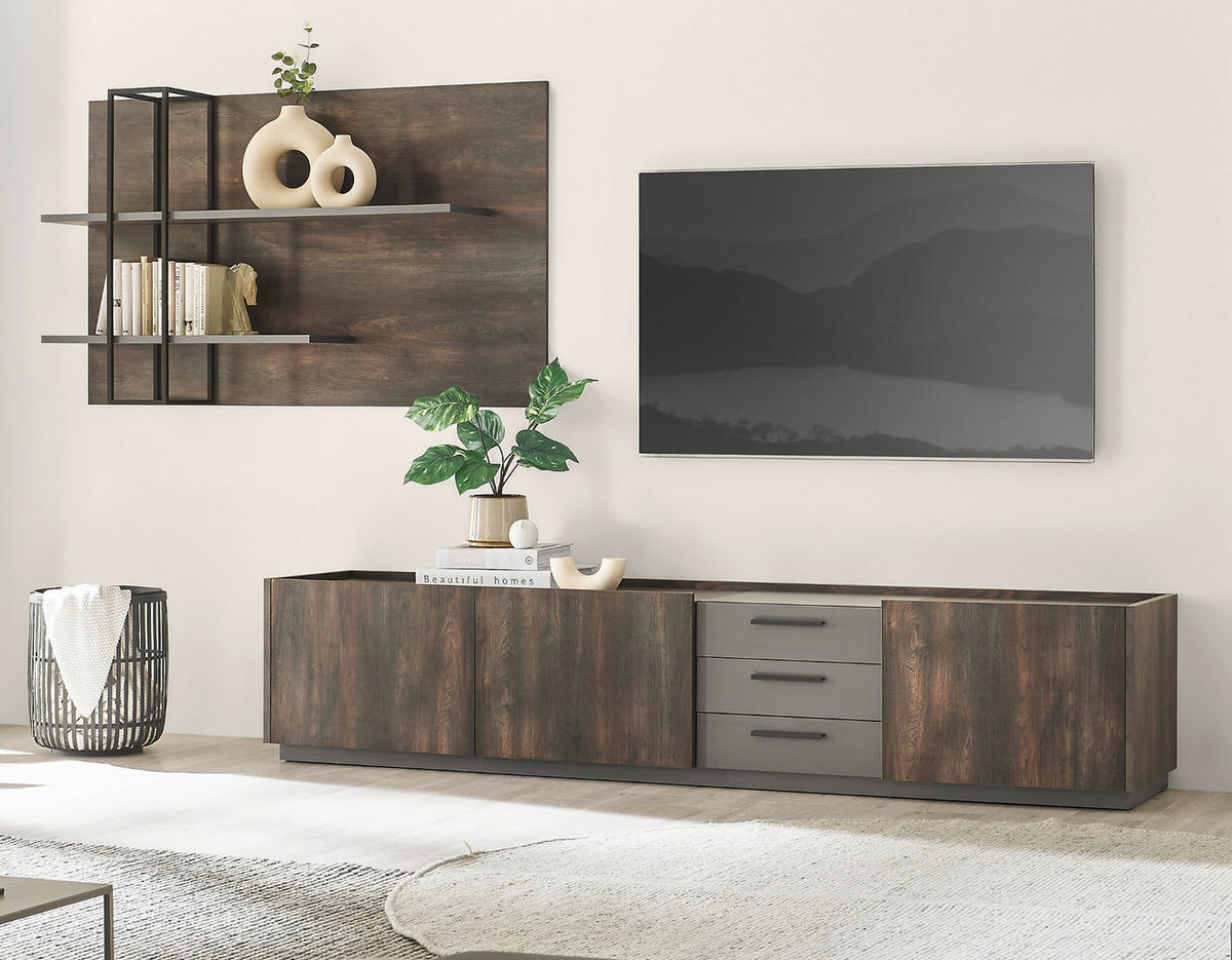 WOHNWAND Thermo Eiche, grau, Set 3-teilig mit XXL TV-Lowboard und Soft-Close - Eichefarben/Grau, Holzwerkstoff/Metall (316/200/45cm) - Furn.Design