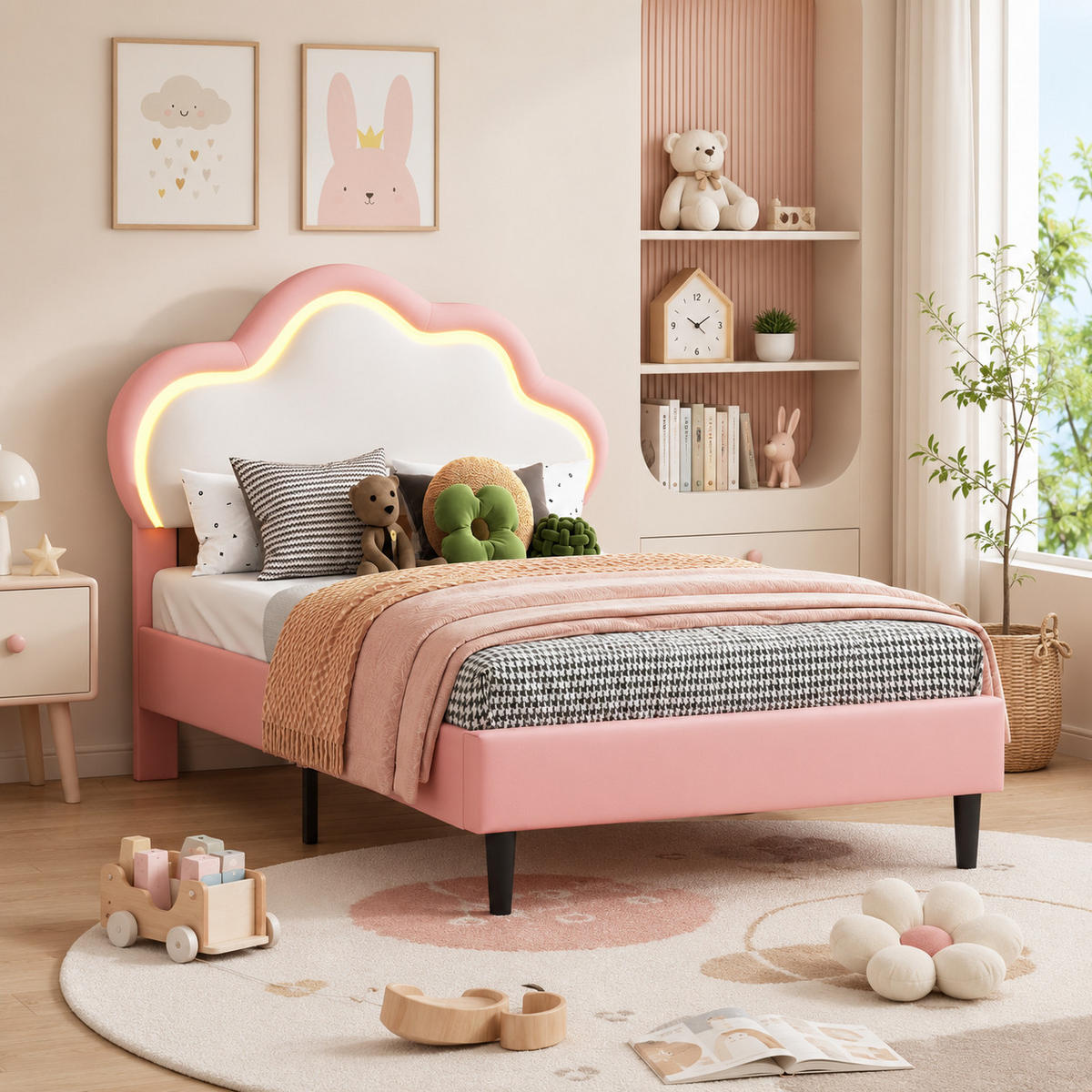 KINDERBETT 90/200 Rosa mit LED, Jugendbett Kinderbett mit Lattenrost - Rosa, Metall (90/200cm) - Joyfair