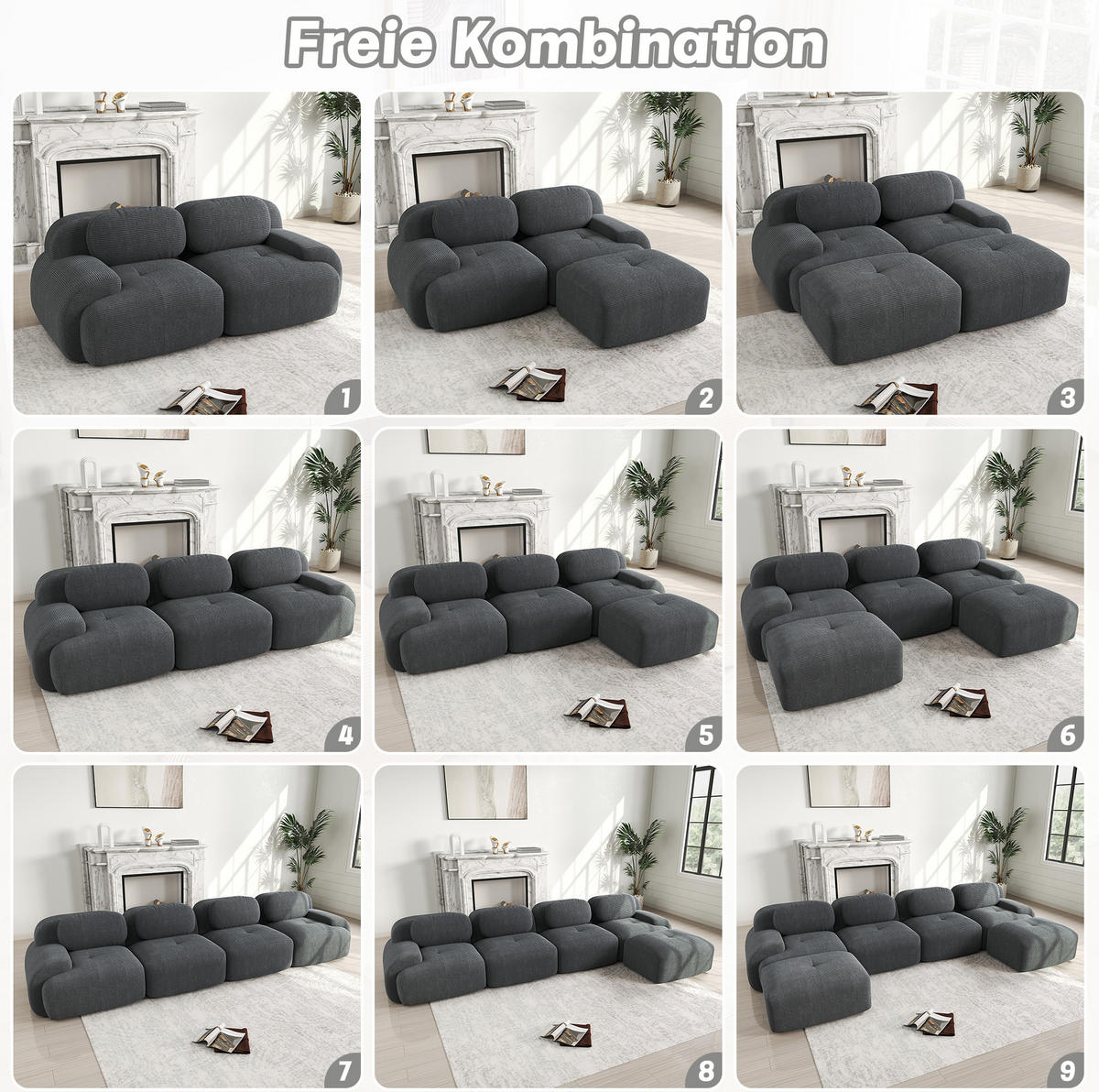 ECKSOFA modular rahmenlos mit Chaiselongue, 32D-Hochdichteschaum, Cordstoff und montagefreier Nutzung, Grau - Grau, Textil (388/178cm) - Redom