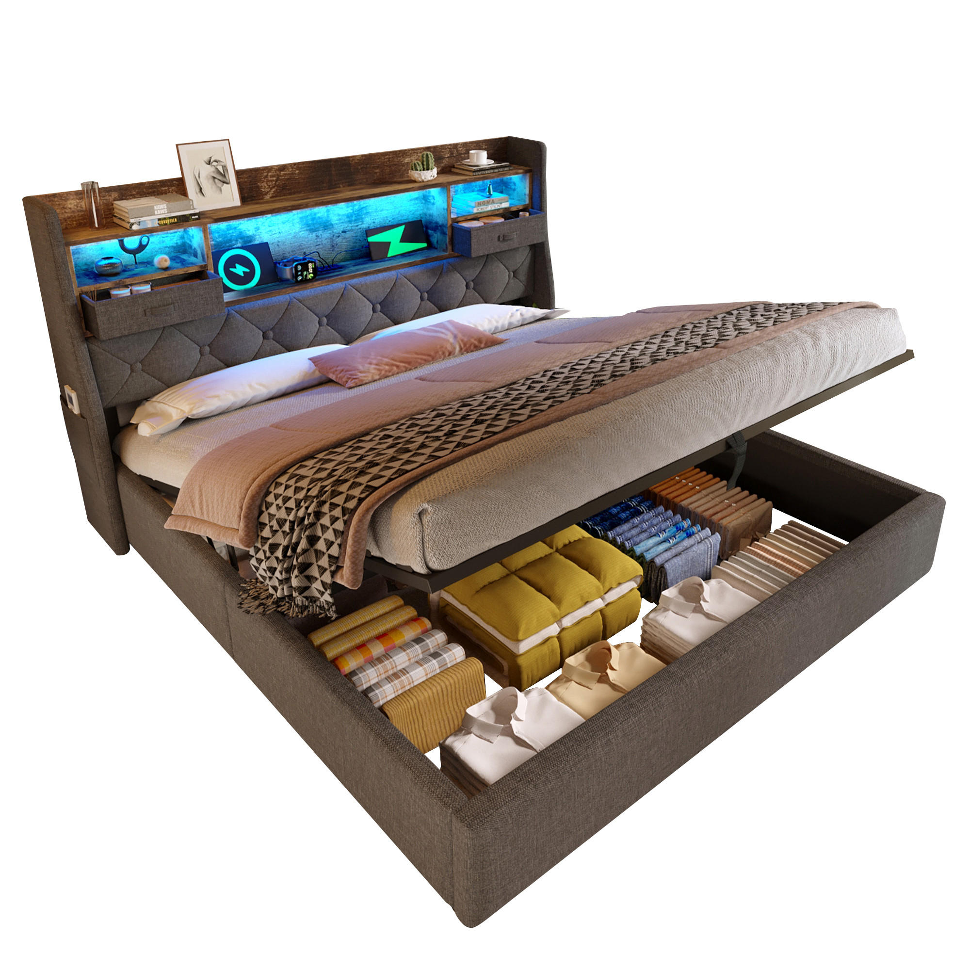 POLSTERBETT 140/200 cm Grauer Leinenstoff mit Hydraulischem Stauraum & LED-Kopfteil - Grau, Textil (140/200cm) - OKWISH